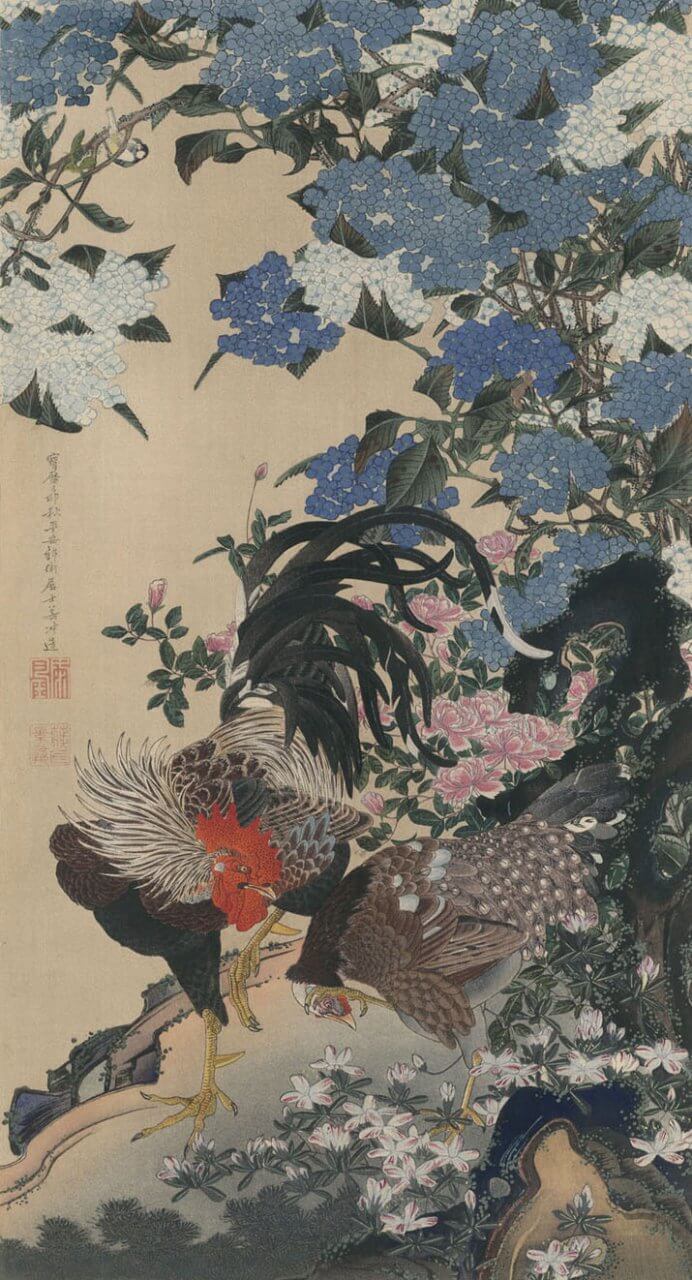 帝室御物 紫陽花雙鶏図 伊藤若冲(複製木版画)『真美大観第十三冊』